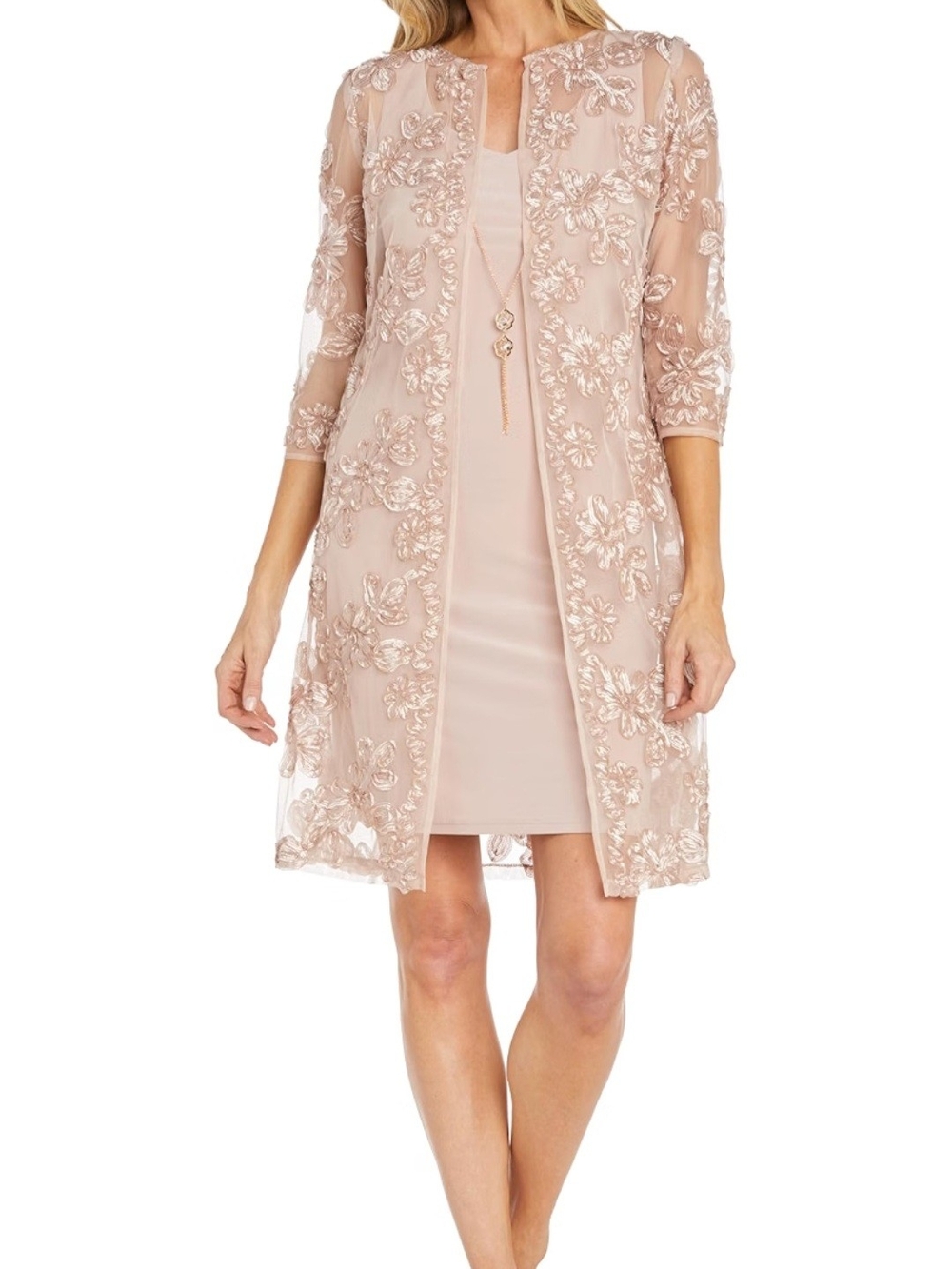 Embroidered Midi Coat delicate champagne-gold floral embroidery - Women